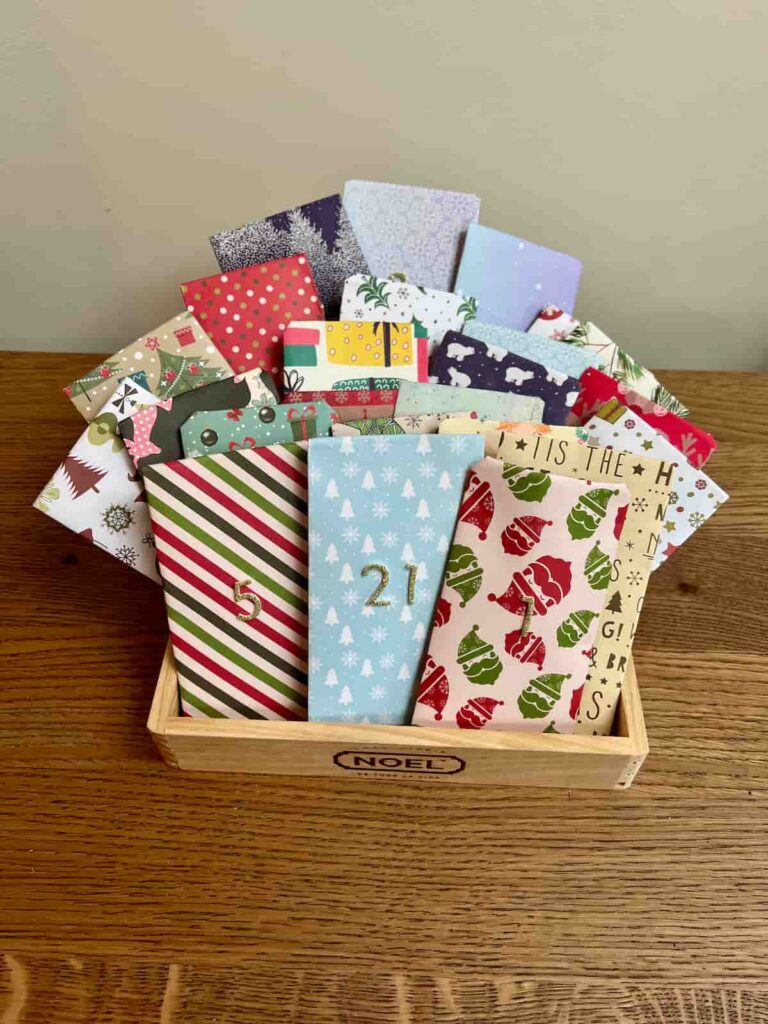 advent calendar pouches in a tray