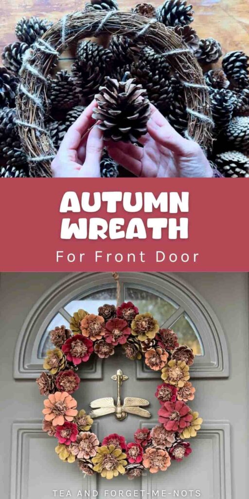 image shows hands holding a pinecone and a wreath on a front door.