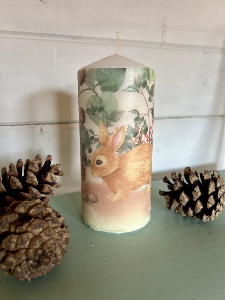 image shows candle with image of rabbit with pine cones.