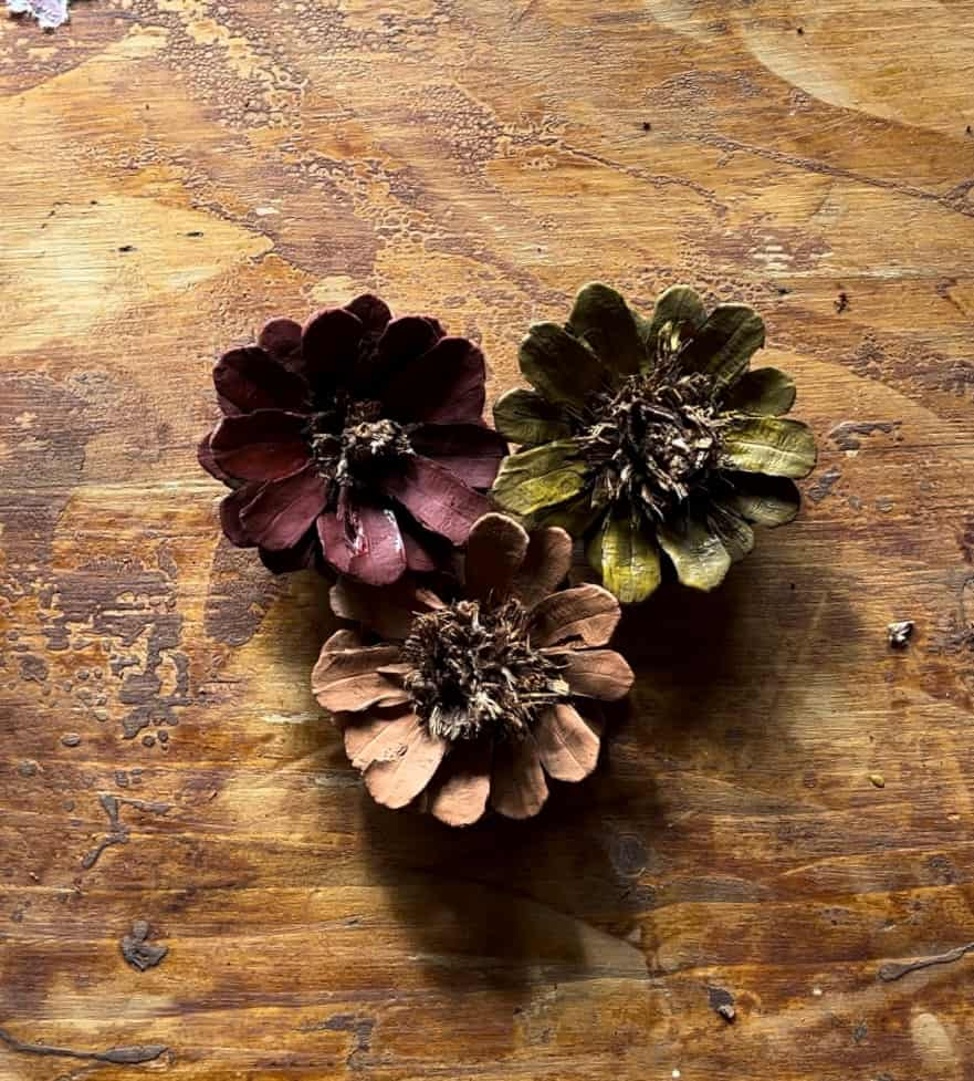 image shows three painted pinecones on a table.