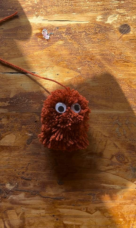 image shows attached googly eyes to pom pom monster.