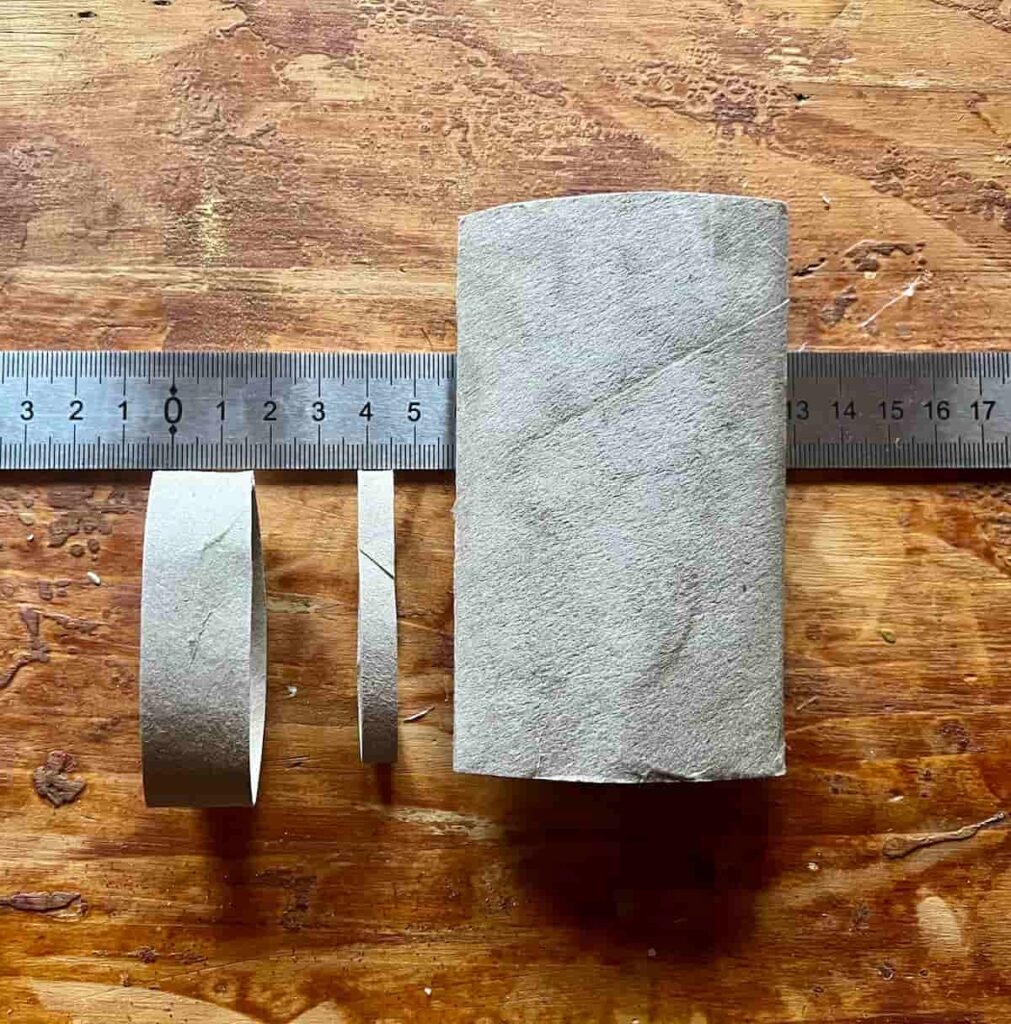 image shows a toilet paper roll cut into three.