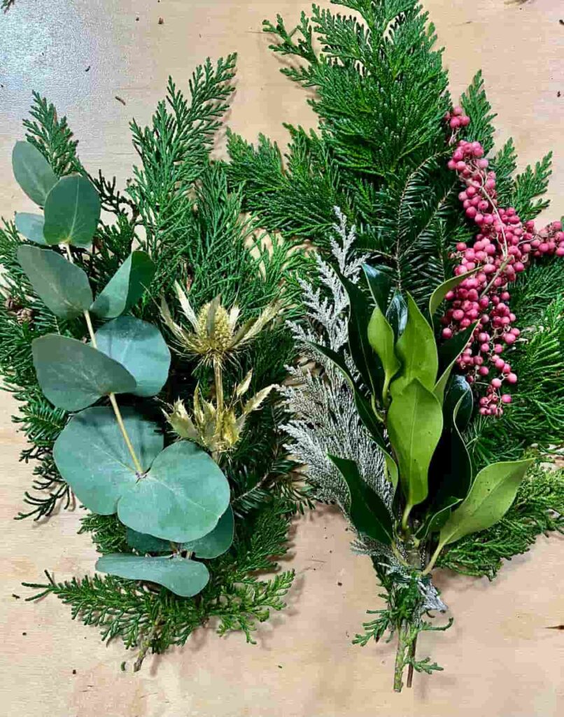 image shows two bundles with decorative elements to make christmas wreath.