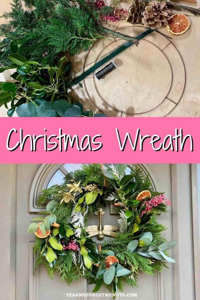 image shows supplies to make christmas wreath and finished wreath.