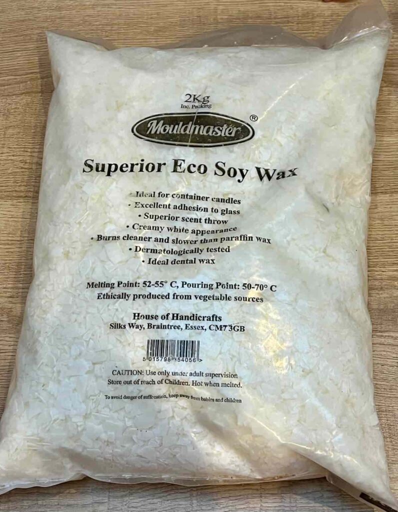 image shows a bag of soy wax flakes.