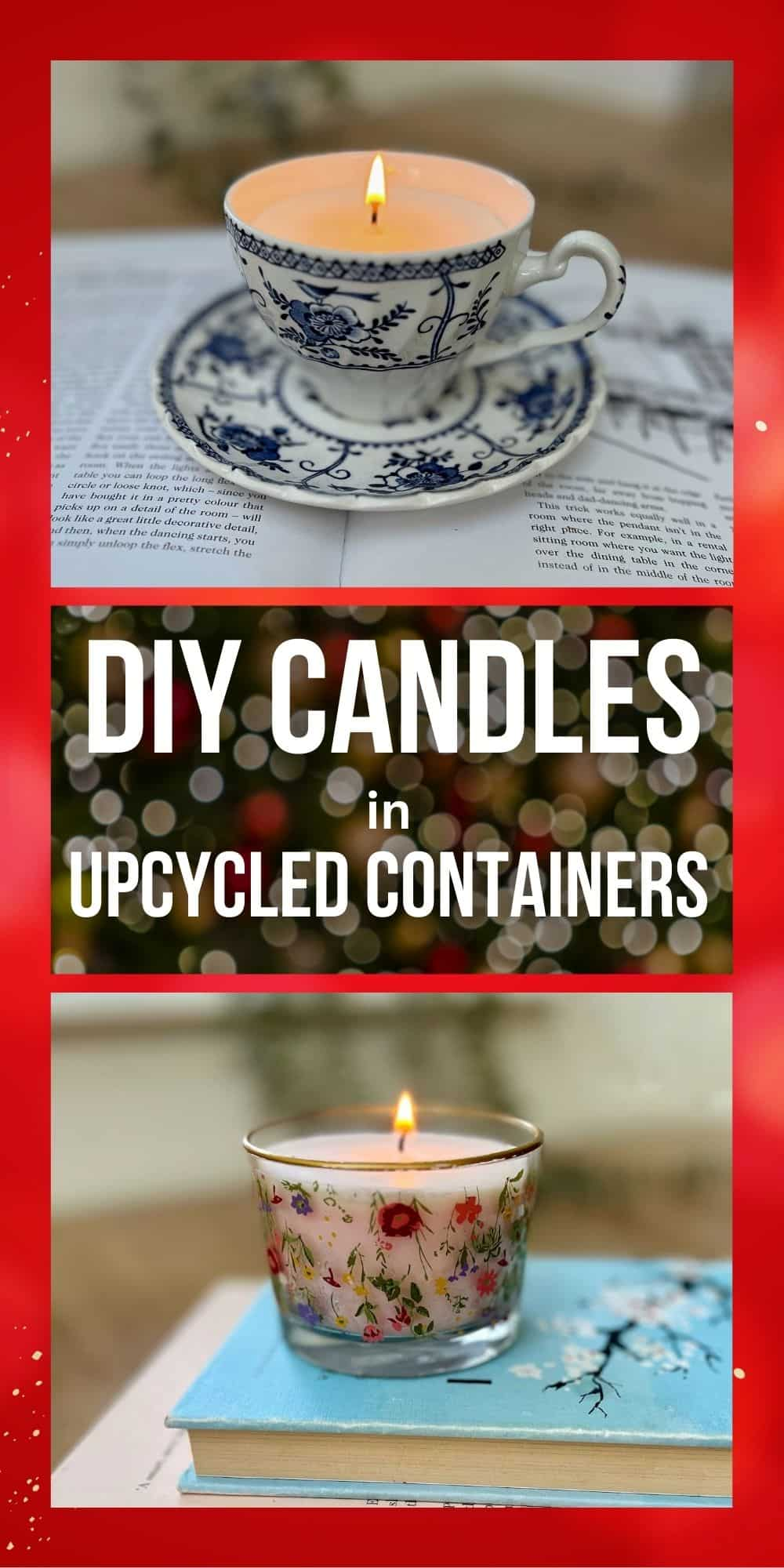 image shows pinterest pin with diy candles in upcycled containers.