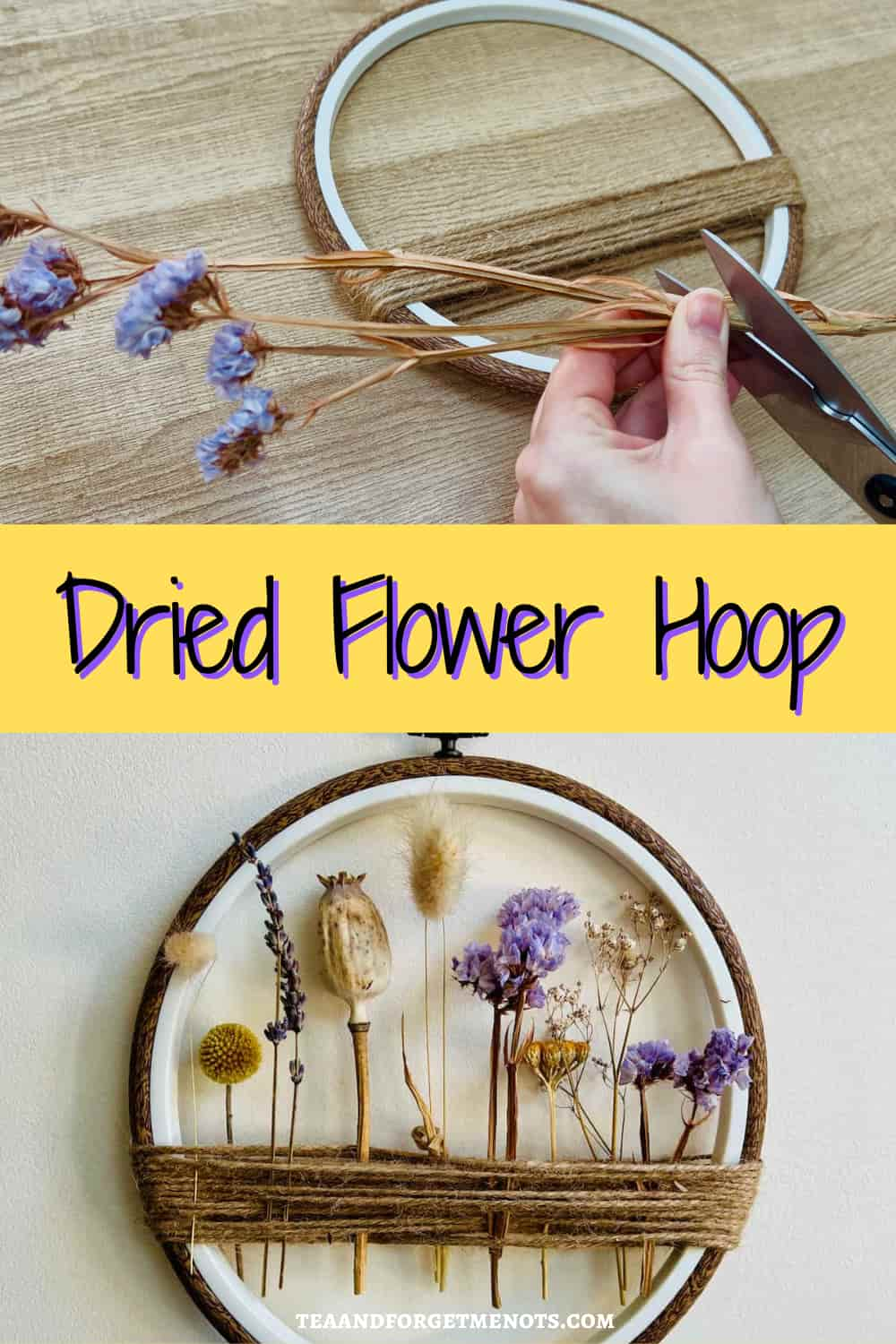 image shows dried flowers on embroidery hoop.