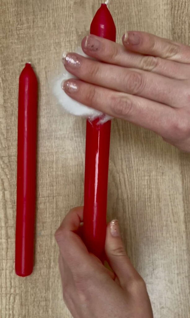 image shows cleaning candles with rubbing alcohol.