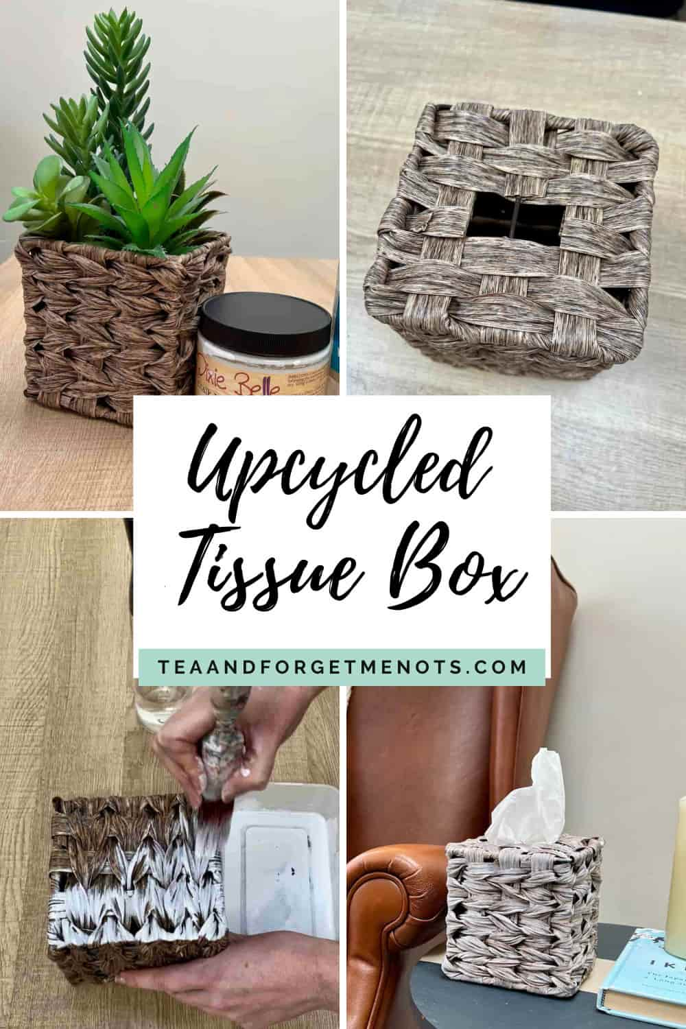 image shows process of upcycling a plant pot into a tissue box cover.