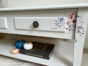 finished coffee table makeover with close up of transfer