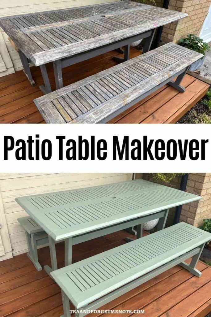 image shows before and after of painting an outdoor table.